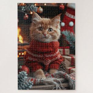 Puzzle Chat Angora Turc avec cheminée de cadeaux de Noël