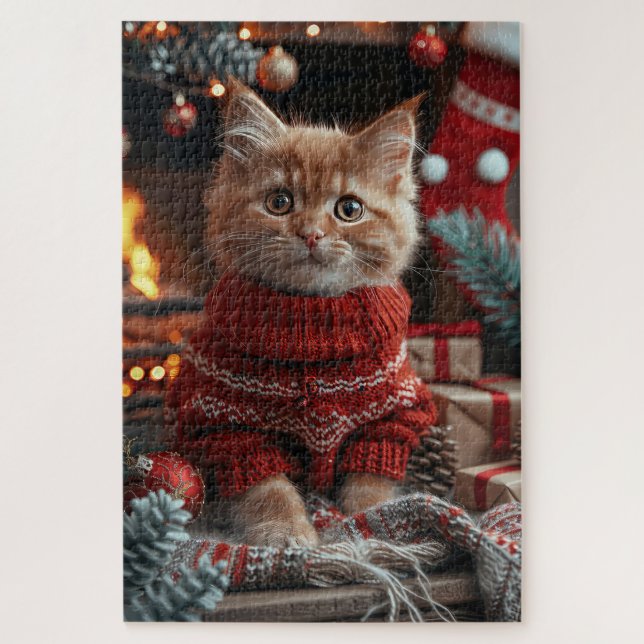 Puzzle Chat Angora Turc avec cheminée de cadeaux de Noël  (Vertical)