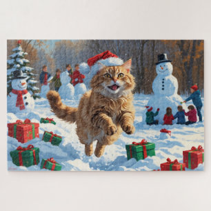 Puzzle Chat Angora Turc courant dans la neige avec un cha