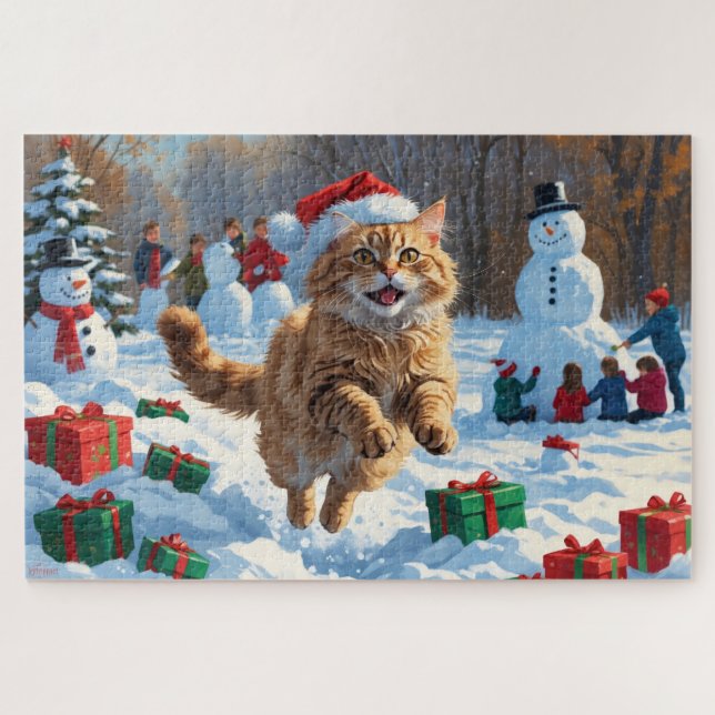 Puzzle Chat Angora Turc courant dans la neige avec un cha (Horizontal)