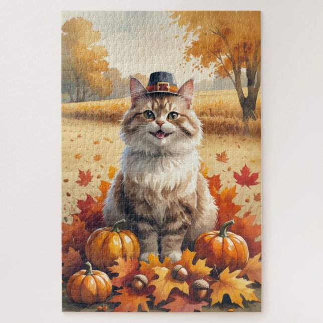 Puzzle Chat angora turc feuilles d'automne Art de Thanksg (Vertical)