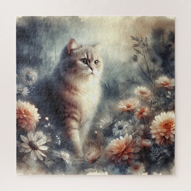Puzzle Chat aquarelle & floral  (Vertical)