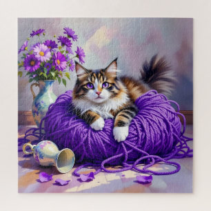 Puzzle Chat aux yeux violets dans de la laine violette et