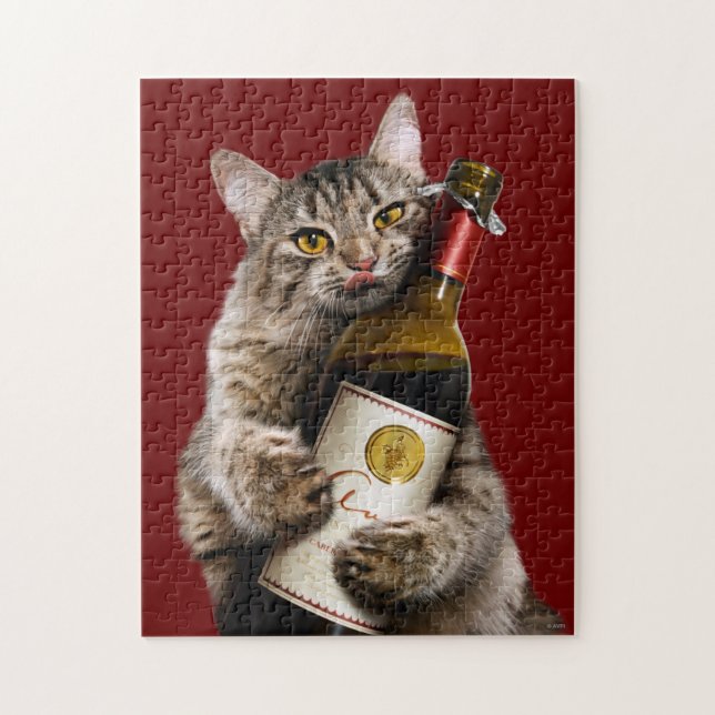 Puzzle Chat Avec Bouteille De Vin (Vertical)