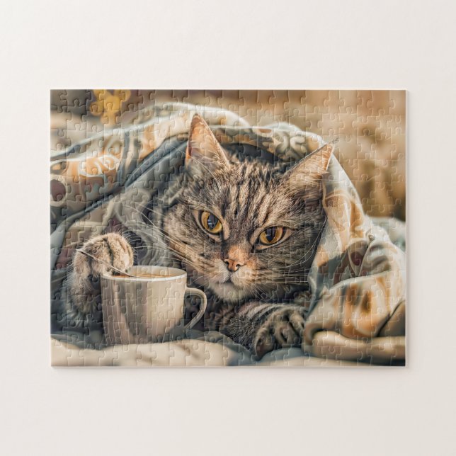 Puzzle Chat avec café et livre dans une couverture confor (Horizontal)