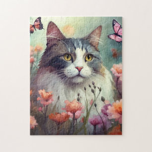 Puzzle Chat avec fleurs et papillons Chat 701