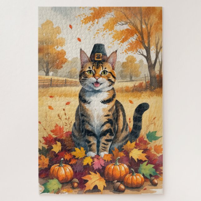 Puzzle Chat Bengal dans l'art de Thanksgiving aux feuille (Vertical)