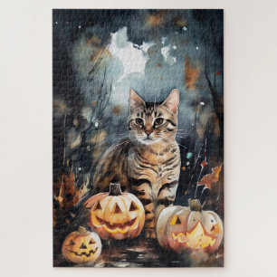 Puzzle Chat Bengale D'Halloween Avec Peur Citrouille