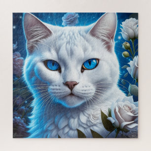 Puzzle Chat blanc aux yeux bleu clair Floral