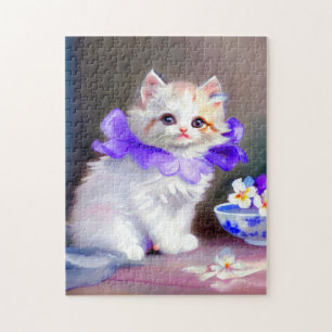 Puzzle Chat blanc avec collier de fleurs violettes