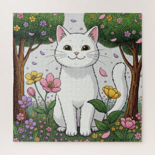 Puzzle Chat blanc dans un jardin coloré