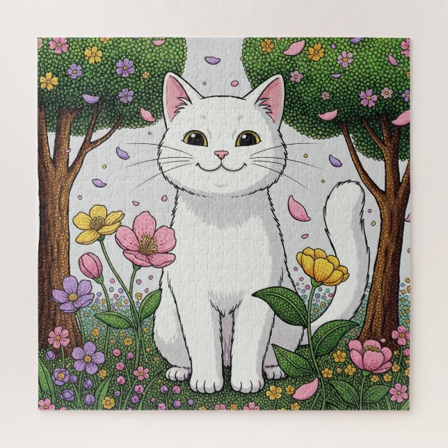 Puzzle Chat blanc dans un jardin coloré (Vertical)