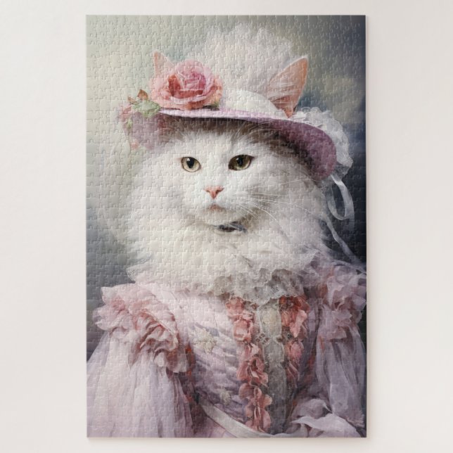 Puzzle Chat blanc dans une tenue rose (Vertical)