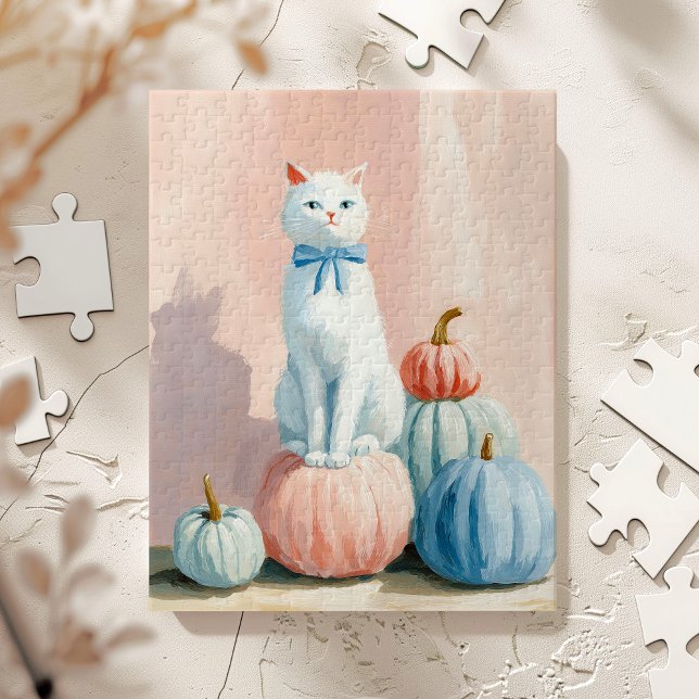Puzzle Chat Blanc d'Automne avec des Citrouilles (Créateur téléchargé)