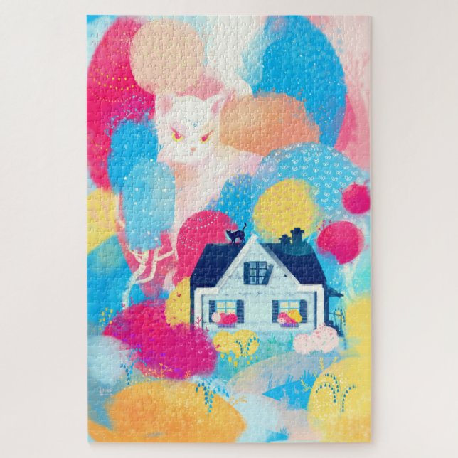 Puzzle Chat blanc et Maison de campagne (Vertical)