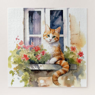 Puzzle Chat blanc jaune Boîte à fleurs de fenêtre Peintur