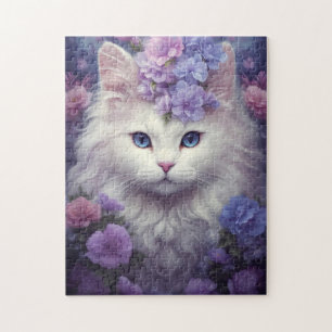 Puzzle Chat blanc mignon avec fleurs, Imaginaire Art