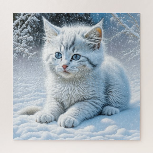 Puzzle Chat blanc mignon jouant dans la neige (Vertical)