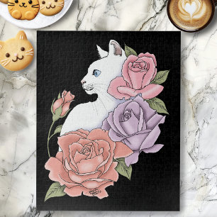 Puzzle Chat Blanc Pastel Floral Botanique Romantique Noir