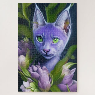 Puzzle Chat bleu mignon en fleurs violettes