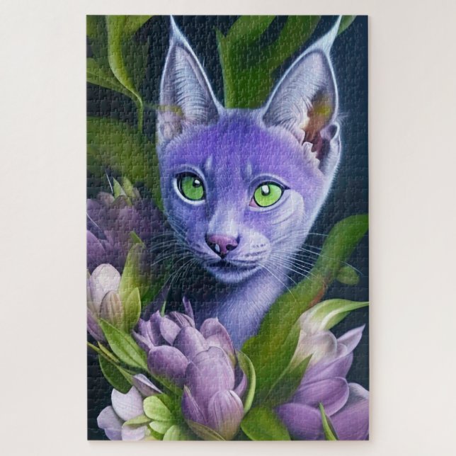 Puzzle Chat bleu mignon en fleurs violettes (Vertical)