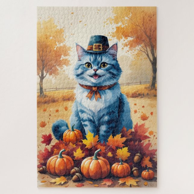 Puzzle Chat Bleu Oriental Dans Feuilles D'automne De Reme (Vertical)