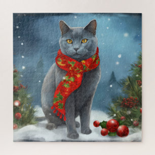 Puzzle Chat bleu russe à Noël sous la neige