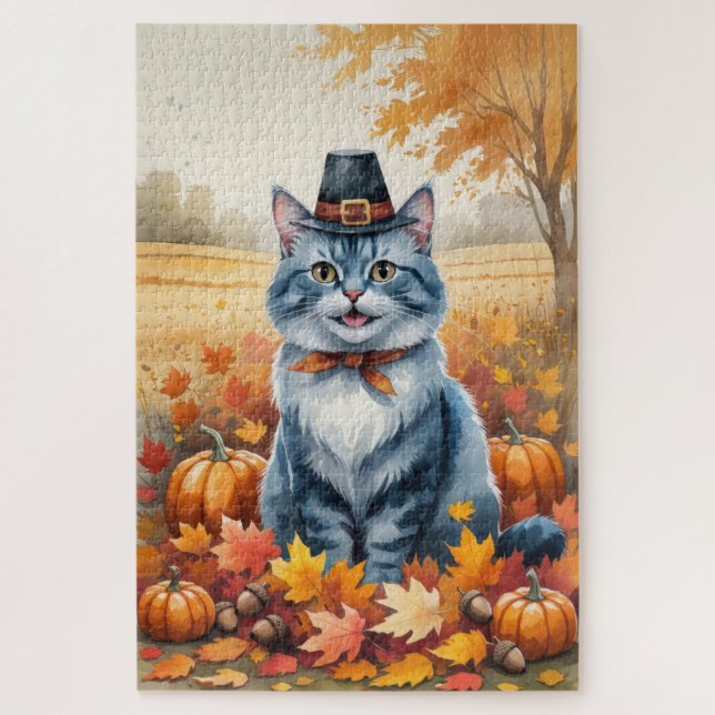 Puzzle Chat Bleu Russe  Art de feuilles d'automne de Than (Vertical)