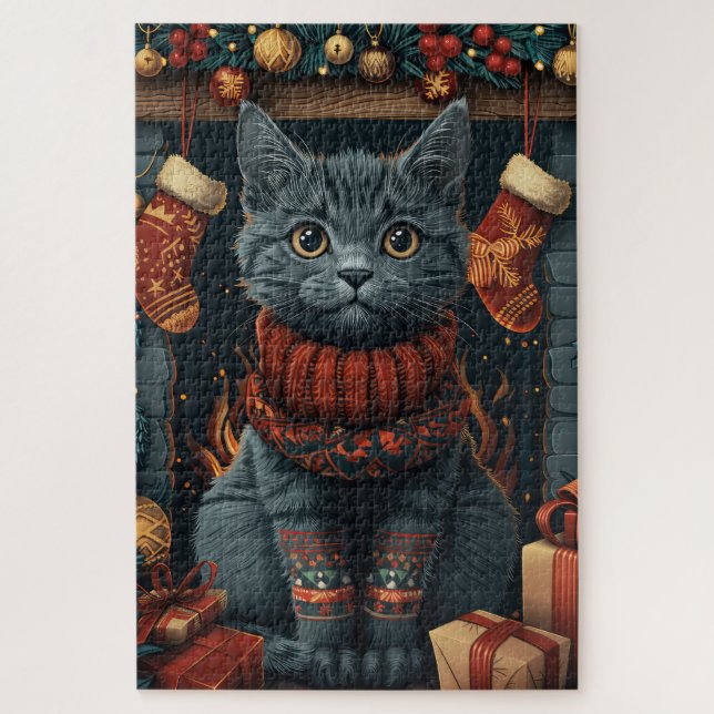 Puzzle Chat Bleu Russe avec cheminée et cadeaux de Noël (Vertical)