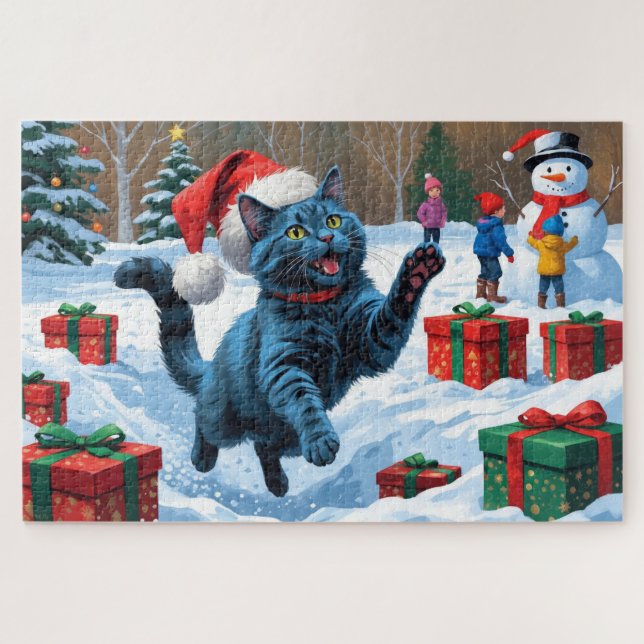 Puzzle Chat Bleu Russe Courant dans la Neige avec un Chap (Horizontal)