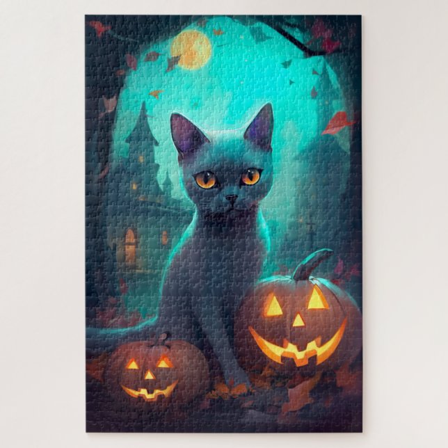 Puzzle Chat bleu russe d'Halloween avec la peur Citrouill (Vertical)