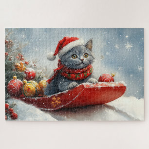 Puzzle Chat Bleu Russe en Luge Laissez Tomber la Neige No