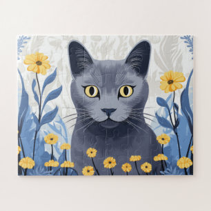 Puzzle Chat Bleu Russe Fleurs Jaunes