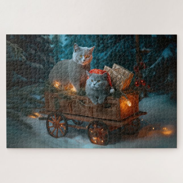 Puzzle Chat Bleu Russe Sleigh Neigeux Décor Noël (Horizontal)