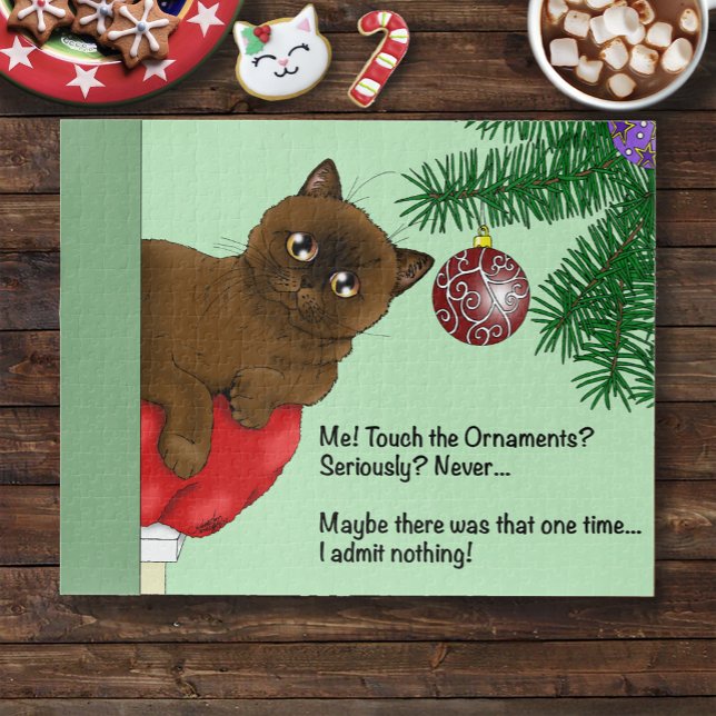 Puzzle Chat Brun de Noël Mignon Vert Enjoué Humour (Créateur téléchargé)