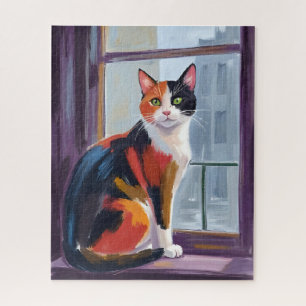 Puzzle Chat calico Animal de compagnie sur le rebord de