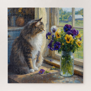 Puzzle Chat calicot avec bouquet de pensées près de la fe