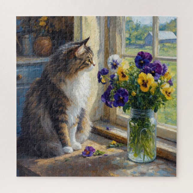 Puzzle Chat calicot avec bouquet de pensées près de la fe (Vertical)