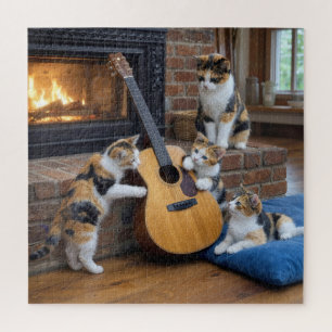 Puzzle Chat calicot avec chatons et guitare