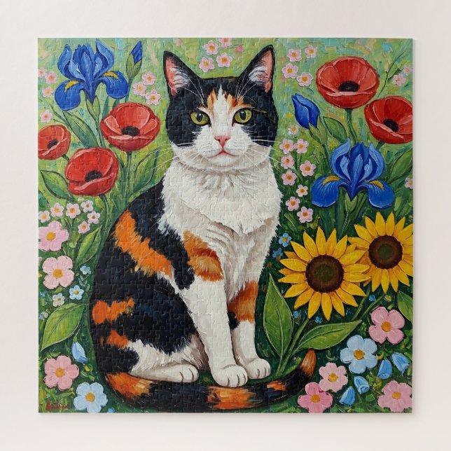 Puzzle Chat calicot et tournesols d'art populaire (Vertical)