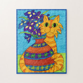 Puzzle Chat coloré Irises Fleurs Vase Cartoon Art populai
