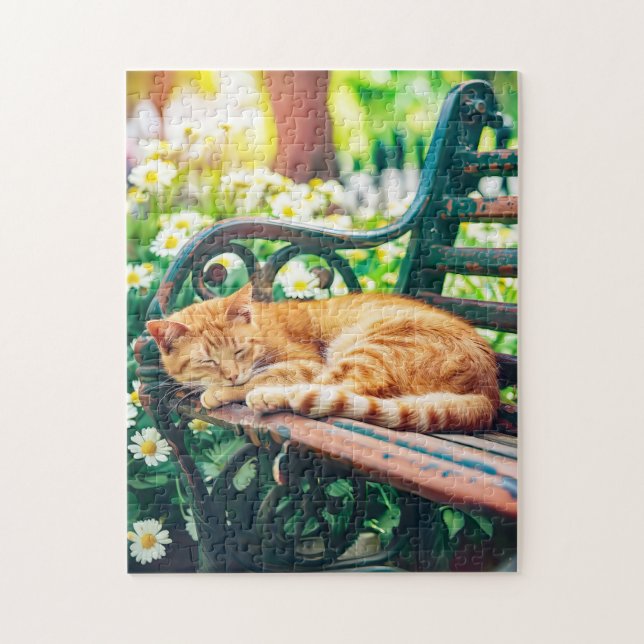 Puzzle Chat confortable dormant dans le jardin sur un ban (Vertical)
