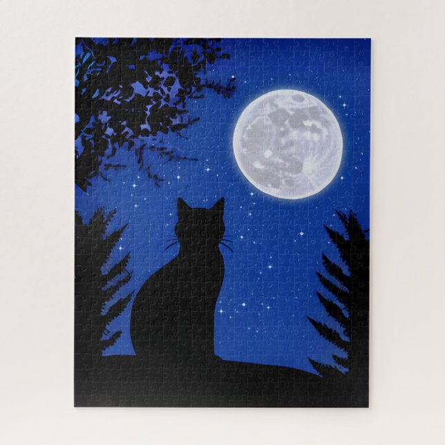Puzzle Chat contemplant la pleine lune (Vertical)
