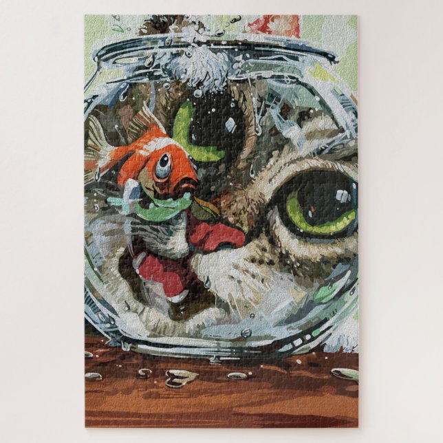 Puzzle Chat Curieux & Poisson Rouge Prudent (Vertical)