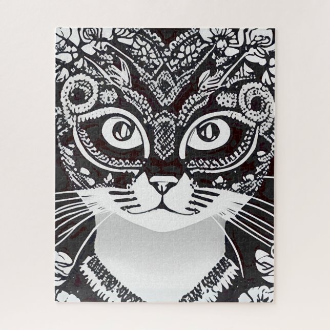 Puzzle Chat dans un Masque Mardi Gras noir et blanc (Vertical)