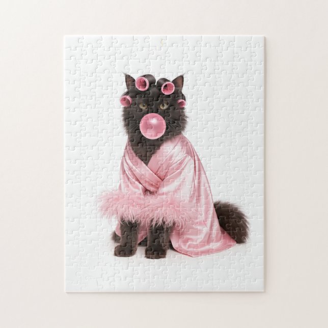 Puzzle Chat dans une robe rose avec bigoudis et bubble-gu (Vertical)
