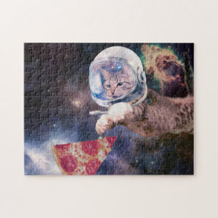 Puzzle Chat d'astronaute chassant une tranche de pizza