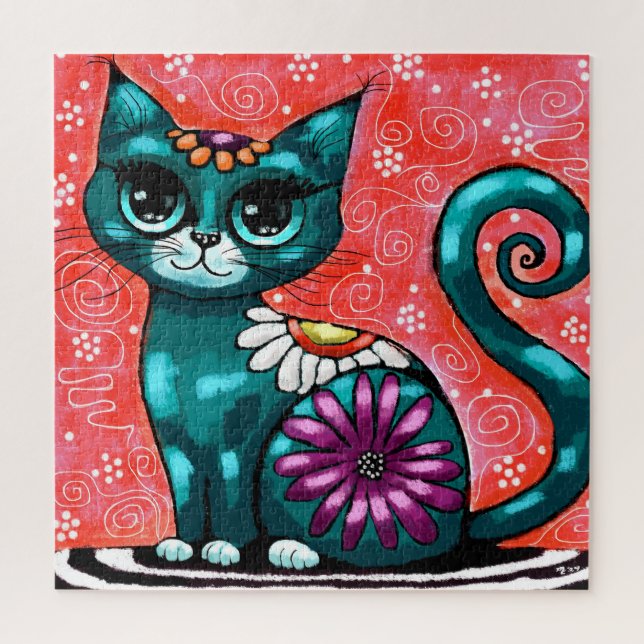 Puzzle Chat de chaton Whimsical assis sur le tapis Floral (Vertical)