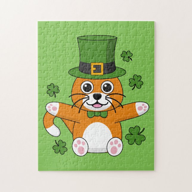 Puzzle Chat de la Saint Patrick avec dessin Shamrock (Vertical)
