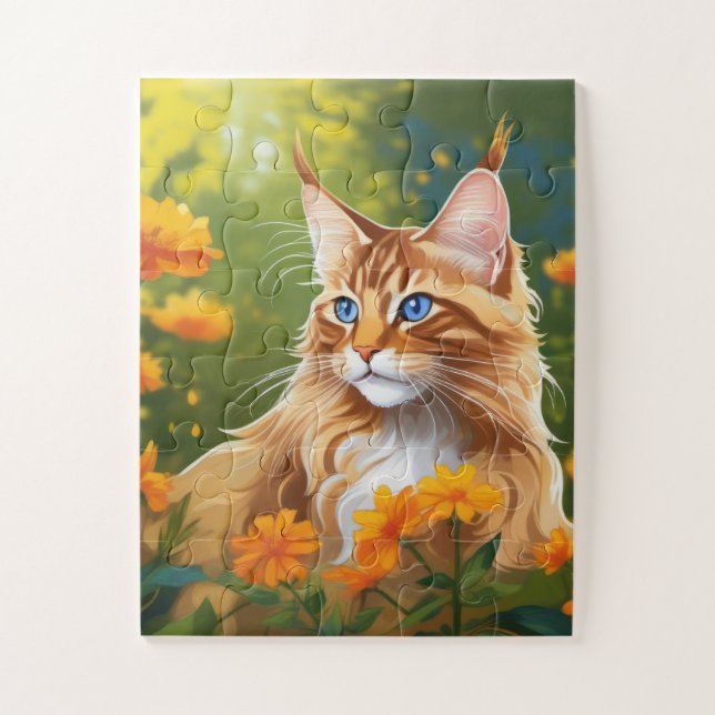 Puzzle Chat de Maine Coon en champ de fleurs (Vertical)